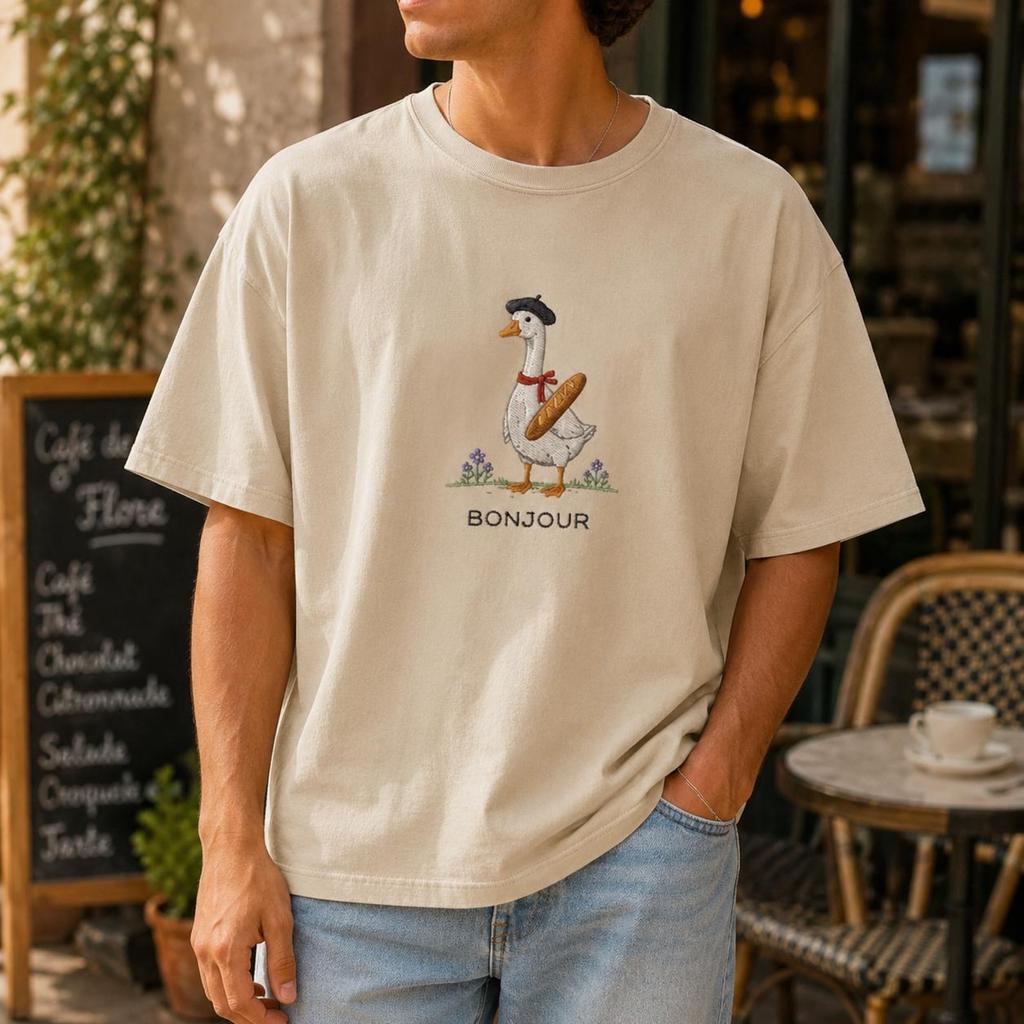 Bonjour Goose Shirt, Comfort Colors Butter Tee, Cute French Goose Embroidered Style T-Shirt, Cottagecore Bookish Gift