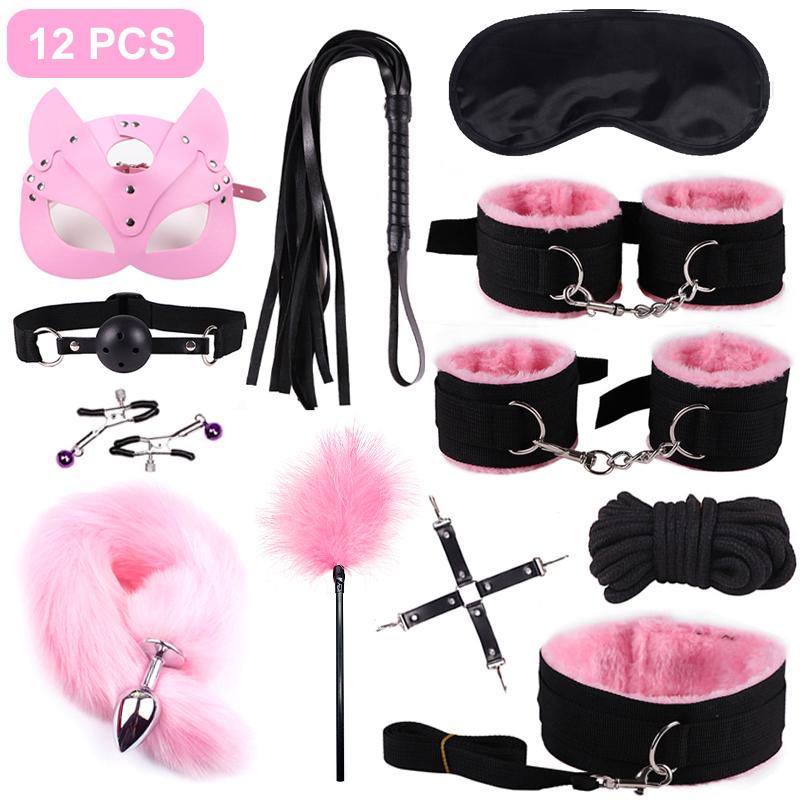 Sexy Nylon BDSM Kits Plush Sex Bondage Set Handcuffs Sex Games Whip Gag Nipple Clamps Sex Toys For Couples Exotic