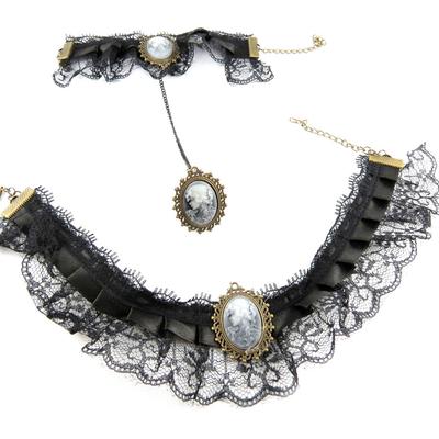 [K7229] - Black 'Camée' Designer Set (lace) - Necklace and Bracelet