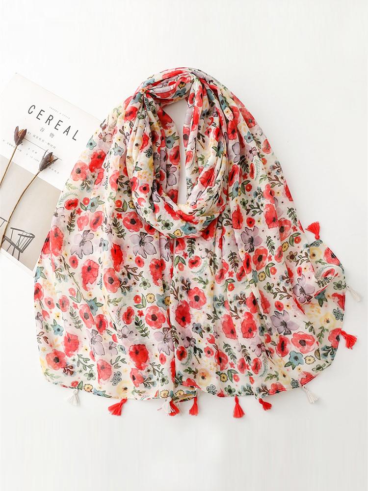 New Elegant Women Silk Scarf Beach Wrap Shawl Lady Sweet Boho Pink Floral Print Femme Hijab Bandana Mujer Vacation Scarve Pareo