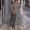 Damen Frühlings-Sommer Einfarbig Locker Sitzend Bequem Lässig Rundhals Pullover-Stil Kleid mit Puffärmeln