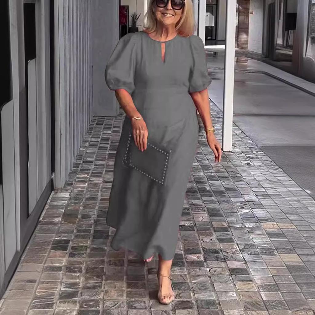 Damen Frühlings-Sommer Einfarbig Locker Sitzend Bequem Lässig Rundhals Pullover-Stil Kleid mit Puffärmeln