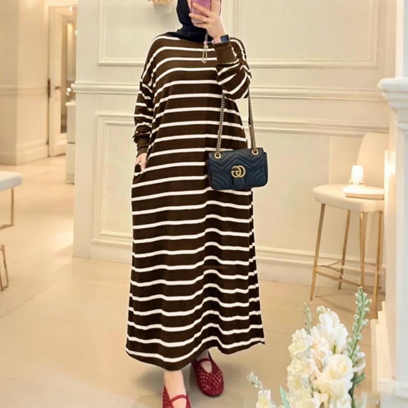 ZANZEA Women Muslim Casual Stripe Print Loose Long Sleeve Dress