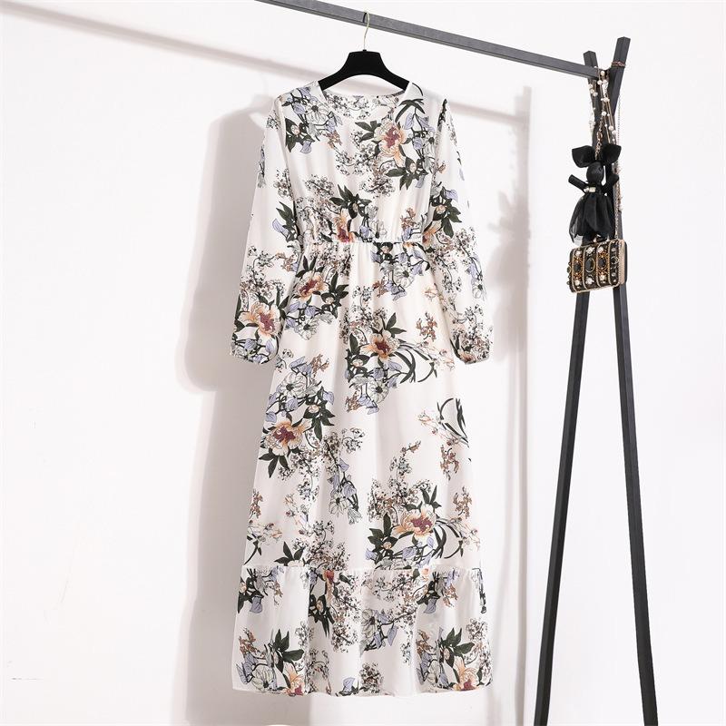 Fashion Long Sleeve Floral Printed Chiffon Dress Women Elegant Loose A-line Casual Long Dress Female High Waist Ruffled Office Lady Dress 1030