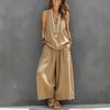 Women's Summer Sleeveless 2 Piece Outfit V Neck Top And Wide Leg Pants Set Casual Vacation Matching Lounge Set