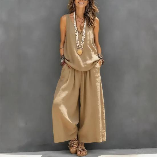 Women's Summer Sleeveless 2 Piece Outfit V Neck Top And Wide Leg Pants Set Casual Vacation Matching Lounge Set