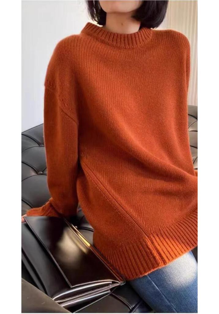 Women's 100% Wool Thick Loose Round Neck Plus Size Knit Sweater