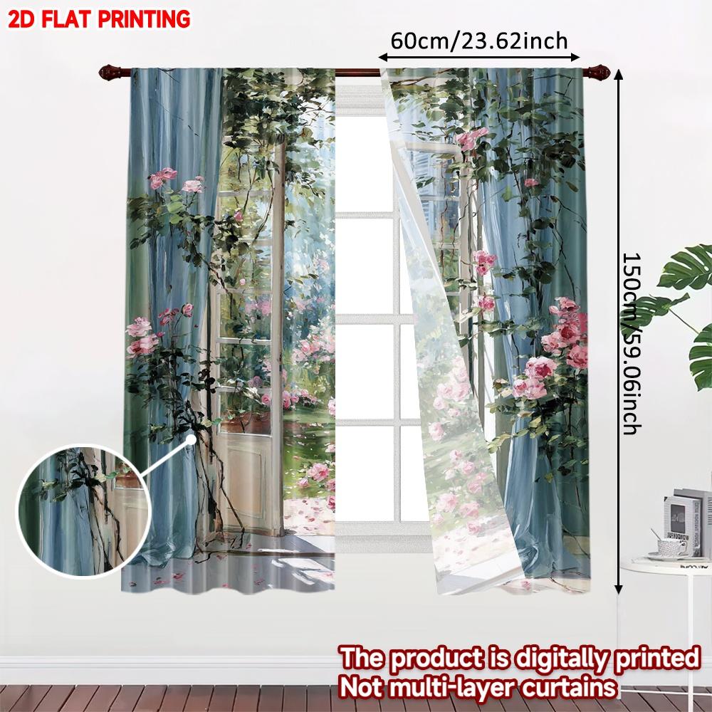 Pink Floral Vine Curtains Digital Printing Delicate Blossoms Green Leaves Fabric Bedroom Living Room Decor Light Filtering Set Of 2 Made Polyester