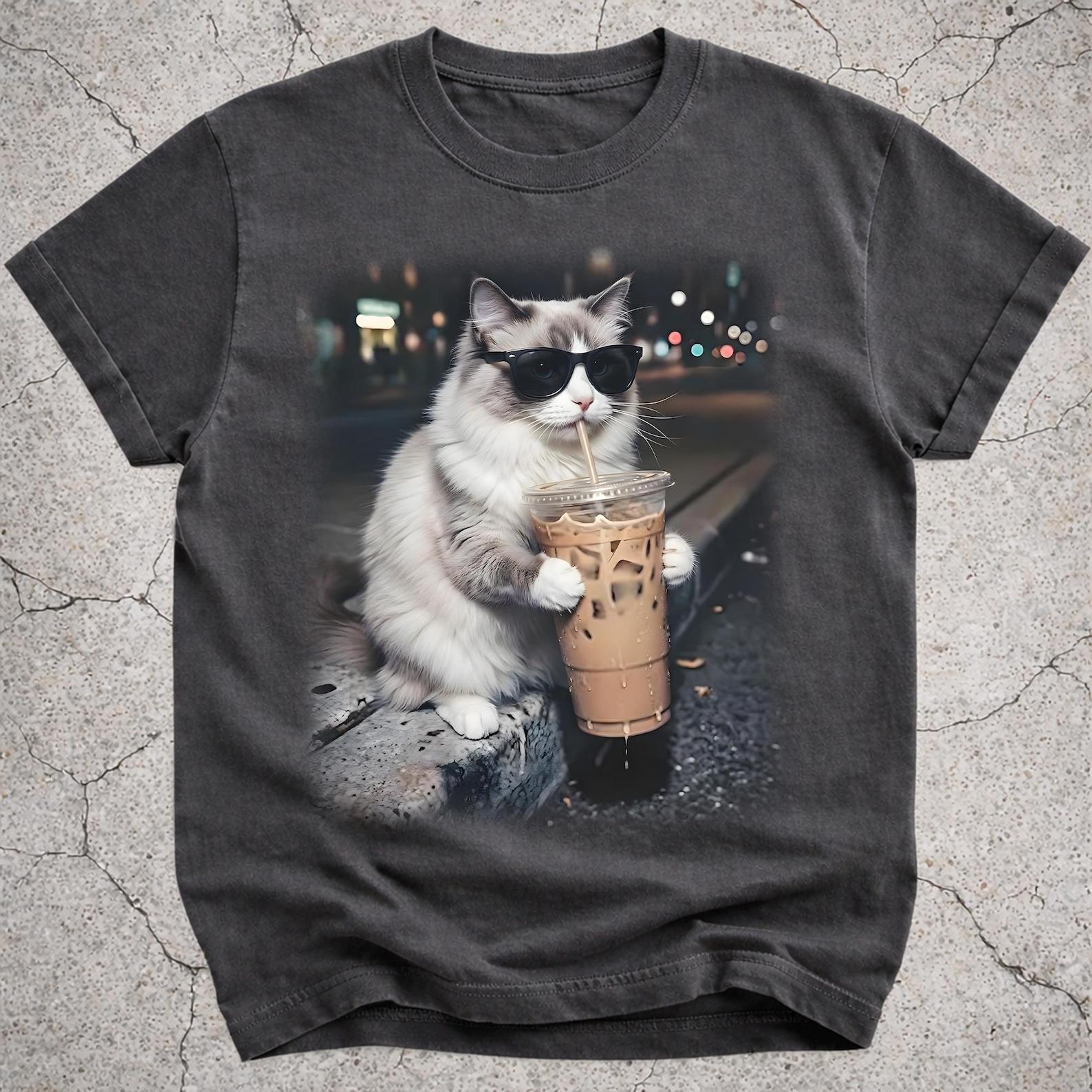 Funny Ragdoll Drinking Iced Coffee Shirt, Iced Coffee Cat Meme Tee, Vintage Cat Photo T-Shirt, Cat Lover Gift, Coffee Lover Shirt 4XL