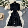 Xiaoxiangfeng foreign style fashionable round neck short-sleeved metal buckle waist knitted dress women's summer thin sweater long dress
