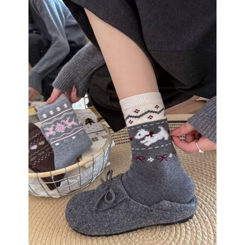 Retro Warm Fleece Socks for Women's Autumn and Winter Warmth, Thickened Mid-calf Socks, Cute Bow, Doggy Dui Dui Socks