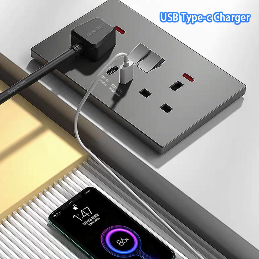 18W Type-C Plug Quick Charging Universal 5-pin Dual Power Socket,UK Standard 13A Wall Socket with DC 5V 3.1A Type-c USB Charger