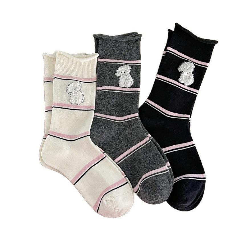 Süße Cartoon-Wadenstrümpfe für Mädchen, Color-Blocking Gestreifte Aufgeschlagene Socken, Knochenlose Socken