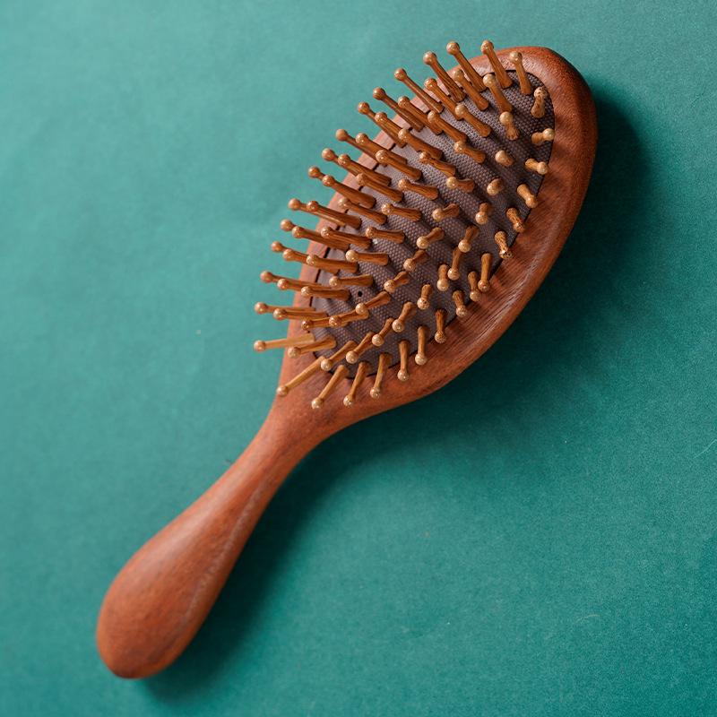 Wooden Oval Hair Brush with Air Cushion Base and Rounded Wooden Bristles for Scalp Massage and Detangling Suitable for All Hair Types