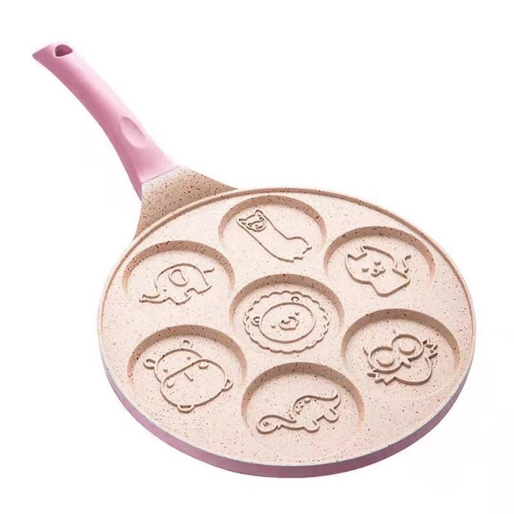 Aluminum Alloy Silicone Mini Pancake Maker 7-Hole Design Non-Stick Egg Frying Pan Heat Resistant Handle Animal Patterns