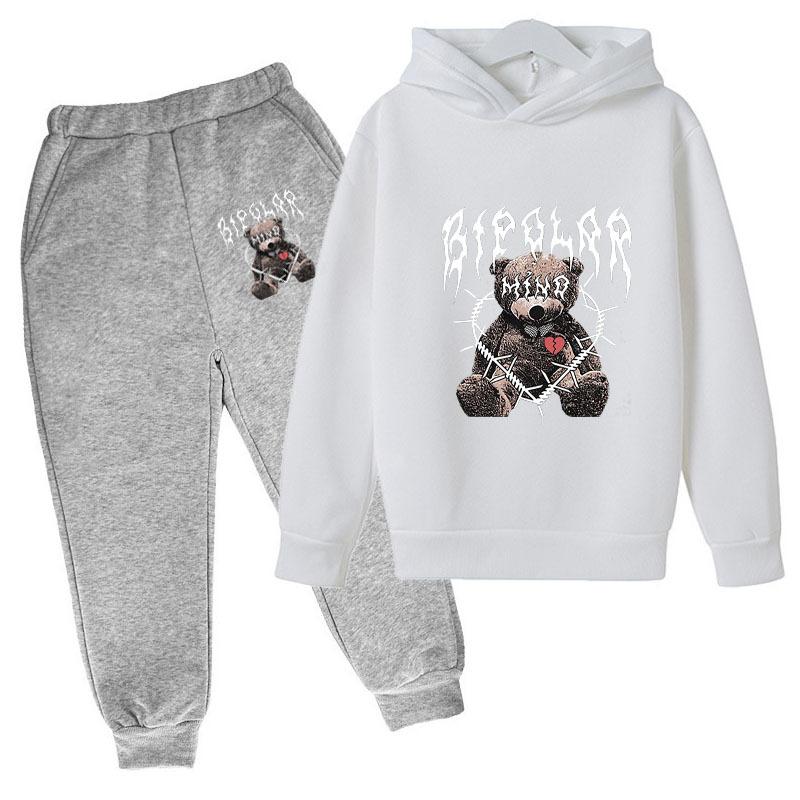 

Autumn Winter Gothic Bear Doll Printed Hoodies Sweatpants Sets Fashionable Casual Warm Sports Long Sleeved Pants Children s Boy Clothing Sets 160