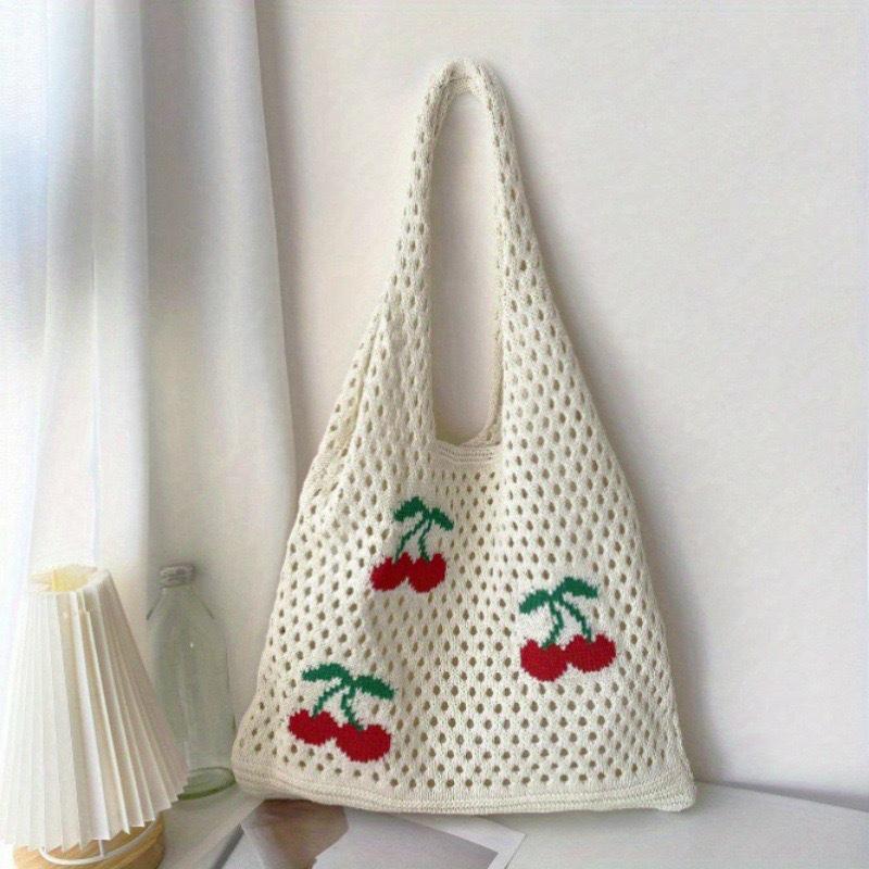 

Trendy Large Capacity Crochet Tote Bag Korean Style Hollow Woven Bag Polyester Embroidered Knitting Handbag Daily 0841 KTB Cherry бежевий