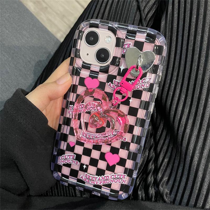 

Корейский милый чехол с подвеской в ​​виде шахматной доски и 3d сердца любви для Iphone 14 13 12 11 Pro Max 14plus Kawaii противоударный мягкий чехол