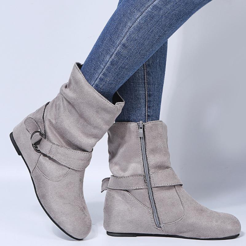 Martin Boots Fashionable Plus Suede Flat Bottomed Belt Buckle Women's Short Boots with Sleeves Round Toe Women's Boots