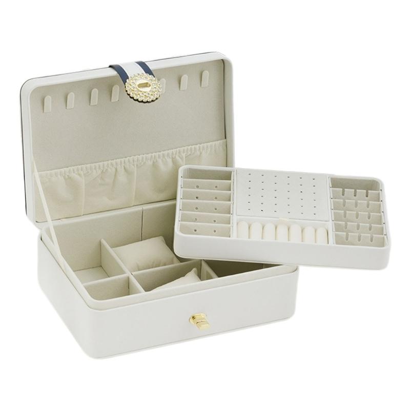 Jewelry Box with PU-Covered Exterior, Lift-Out Upper Tray, Ring Rolls, Earring Panel, Necklace Hooks, and Lid Pocket