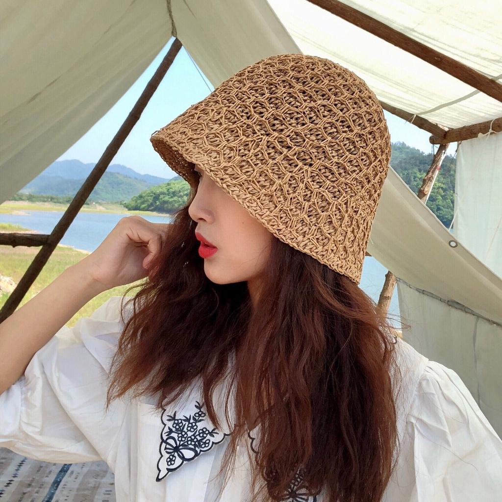 Dongdaemun~ Korean Version Of Straw Bucket Hat Women'S Bell Bucket Hat Double-Layer Hollow Woven Straw Hat