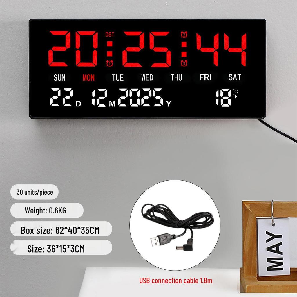 Wall-Mounted LED Clock with Temperature Display and Perpetual Calendar