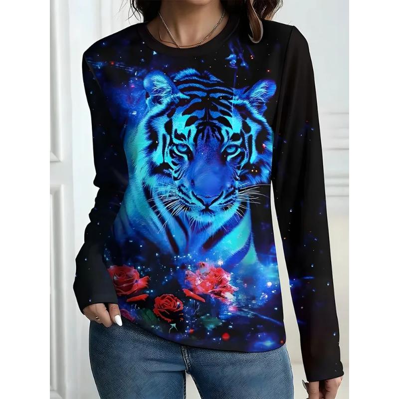 Modisches Damen Rundhals Langarm 3D Lässiges Farbdruck Lässiges Langarm Rundhals T-Shirt
