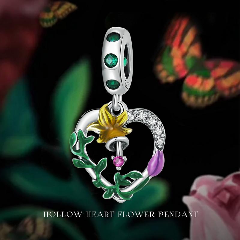 WOSTU 925 Sterling Silver Zircon Hollow Heart Flower Charm Pendant for Women DIY Original 3MM Bracelet Jewelry