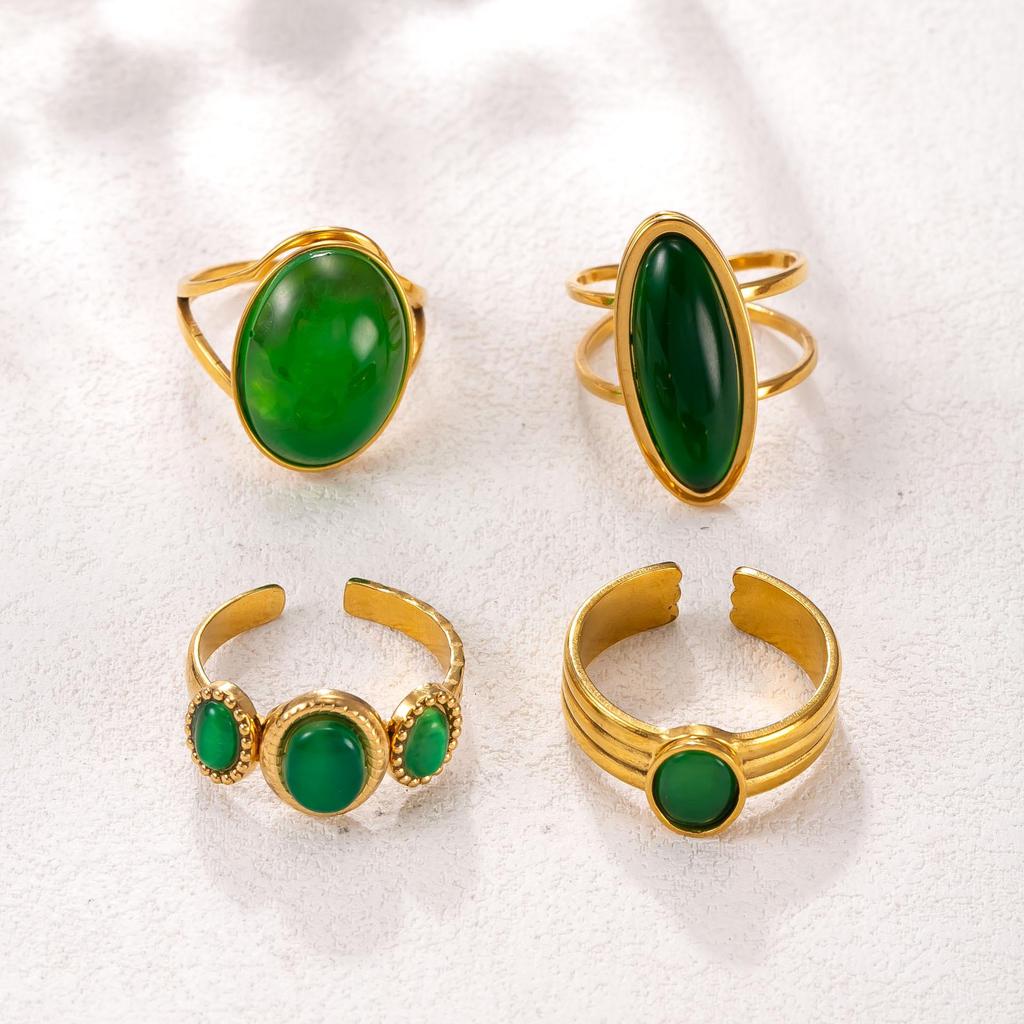 Women's Green Oval Natural Stone Open Ring - Retro Light Luxury Stainless Steel Jewelry