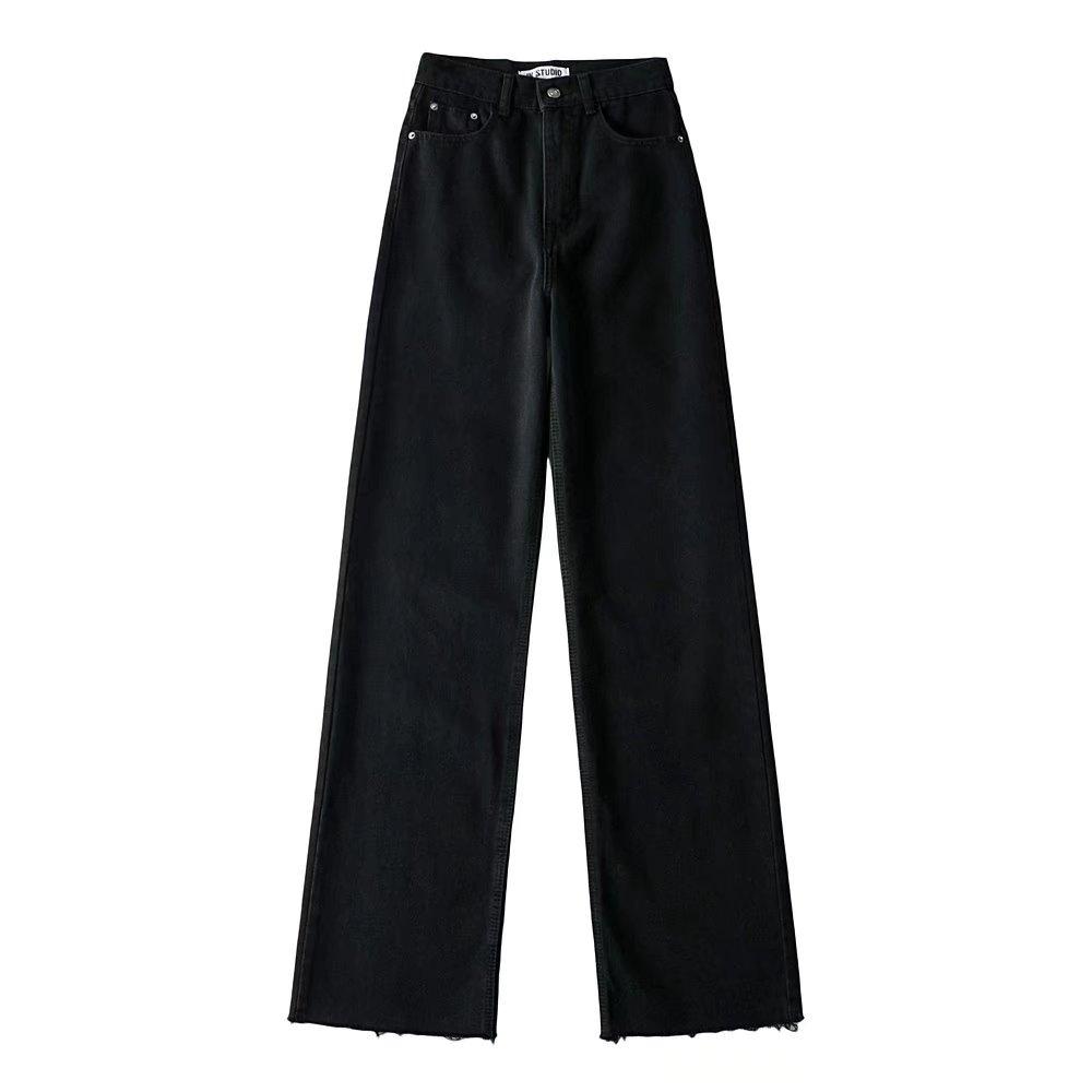 

Trendy Women s High-Waisted Wide-Leg Jeans with Raw Hem - Slimming and Leg-Lengthening Floor-Length Denim Pants L чёрный