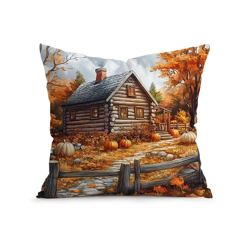 Home Decor Autumn Cabin, Trees & Pumpkin Printed Pillowcase Pattern Cushion Cover Suitable for Sofa Bedroom Car Pillow Cover