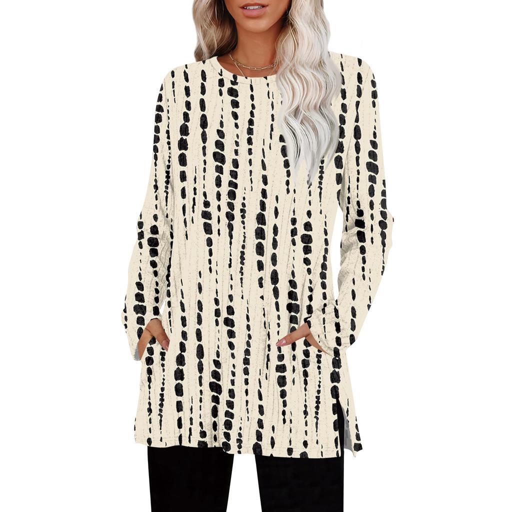 Womens Sweaters Crewneck Long Sleeve Shirts With Pockets Fall Outfits  Fashion Winter Clothing Side Slit