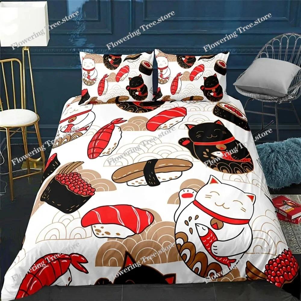 Japanese Doll Duvet Cover King Queen Lucky Cat Fan Bedding Set for Kids Girls Asian Japan Cultural Polyester Quilt Cover