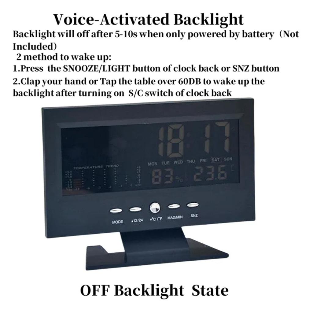 Voice Control Backlight Digital Weather Clock Date Week Temperature Humidity Weather Forecast 12/24H Electronic Clock Mini Clock