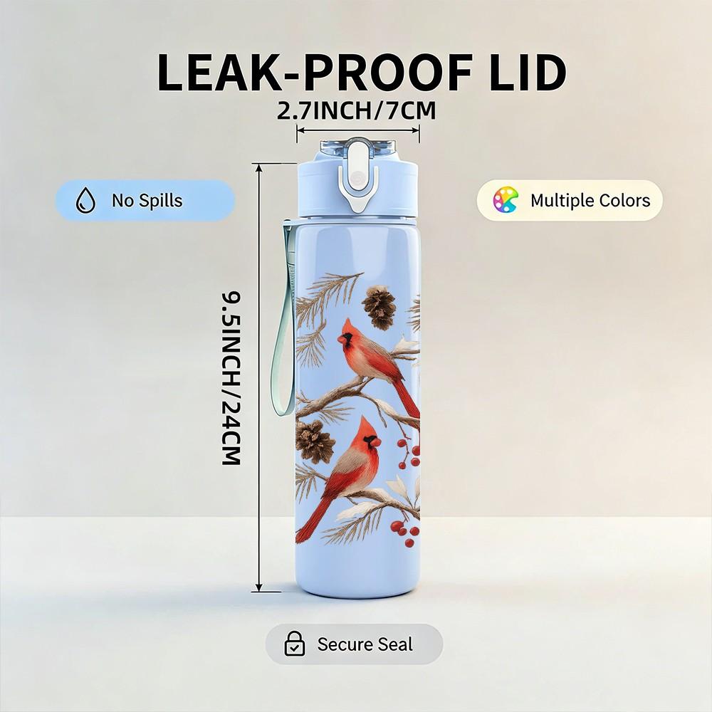 1PC Red Bird Winter Branch Print 750ml Color Plastic Sports Water Bottle Leakproof Flip Straw Lid Suitable for Sports Office Home Use