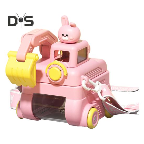 Sticlă de apă Excavator pentru copii 500ml Cupă Cartoon etanșă cu roți Curea ajustabilă Pai cu capac rabatabil Sticlă de apă pentru școală exterior