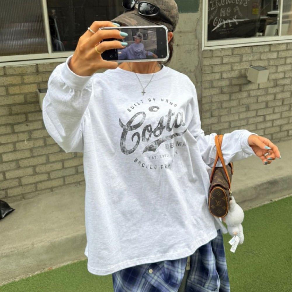 New Arrivals Open Run Women Hip Cover Printed Oversized Long Sleeve Tee