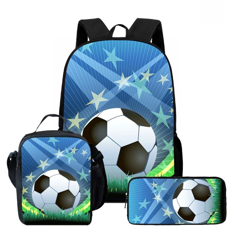Kids School Backpack Set With Lunch Bag Pencil Case - Football Print Oxford Fabric Ergonomic Design Elementary Students