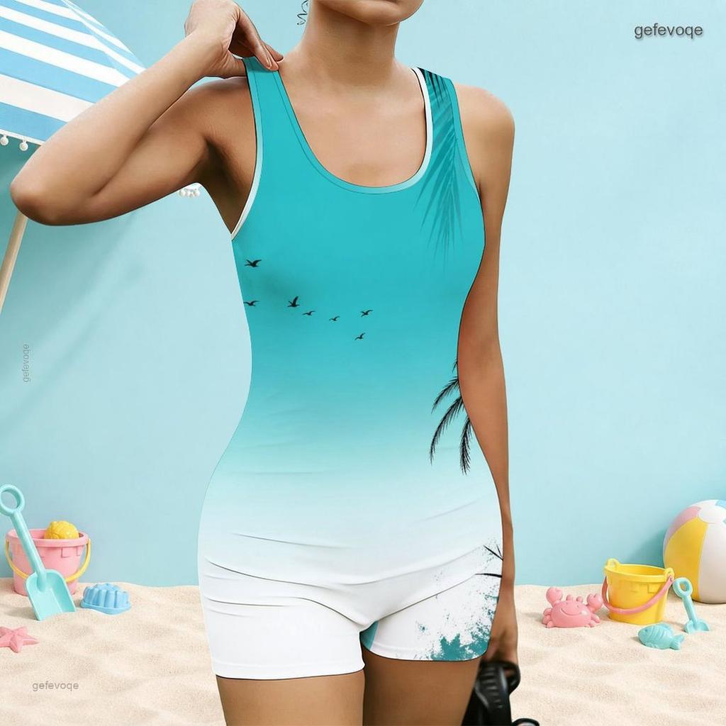 Women Plus Size Square Neck Wide Straps One Piece Boyshort Swimsuit Green Clover Printed