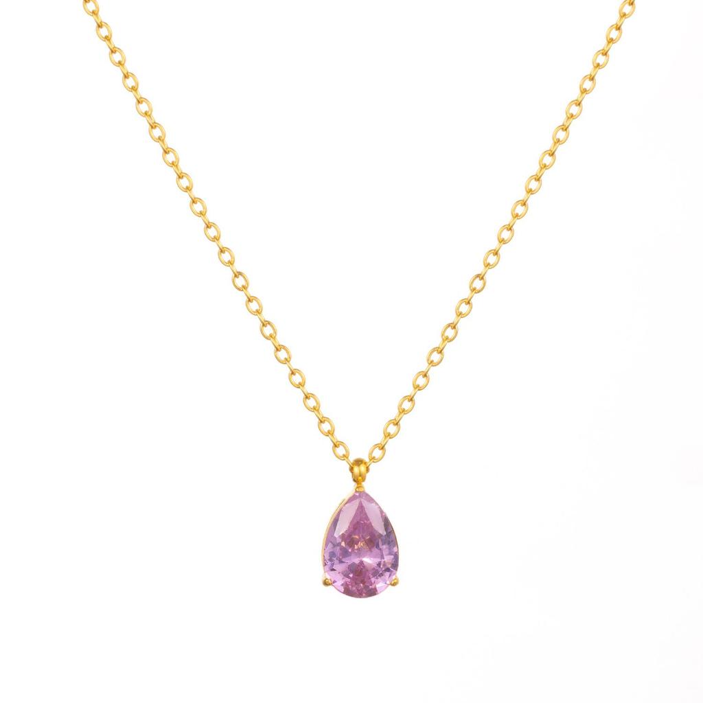 1pc Fashion Jewelry 18K Gold Plated Chain WaterDrop Diamond Pendant Necklace Stainless Steel 12 Months Birthstone Necklace