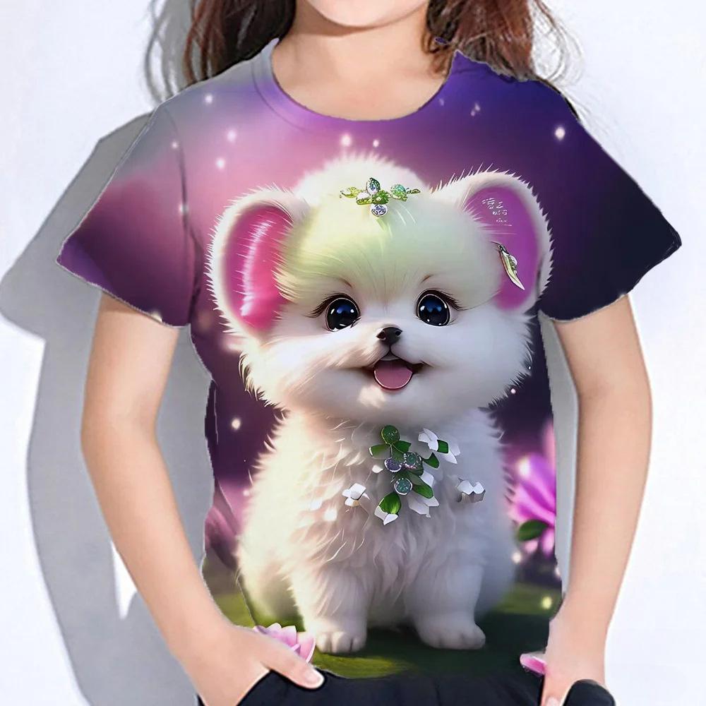 Summer Round Neck 3D Cat Printed Top Fashionable Casual Short Sleeved Children's Girl T-shirts