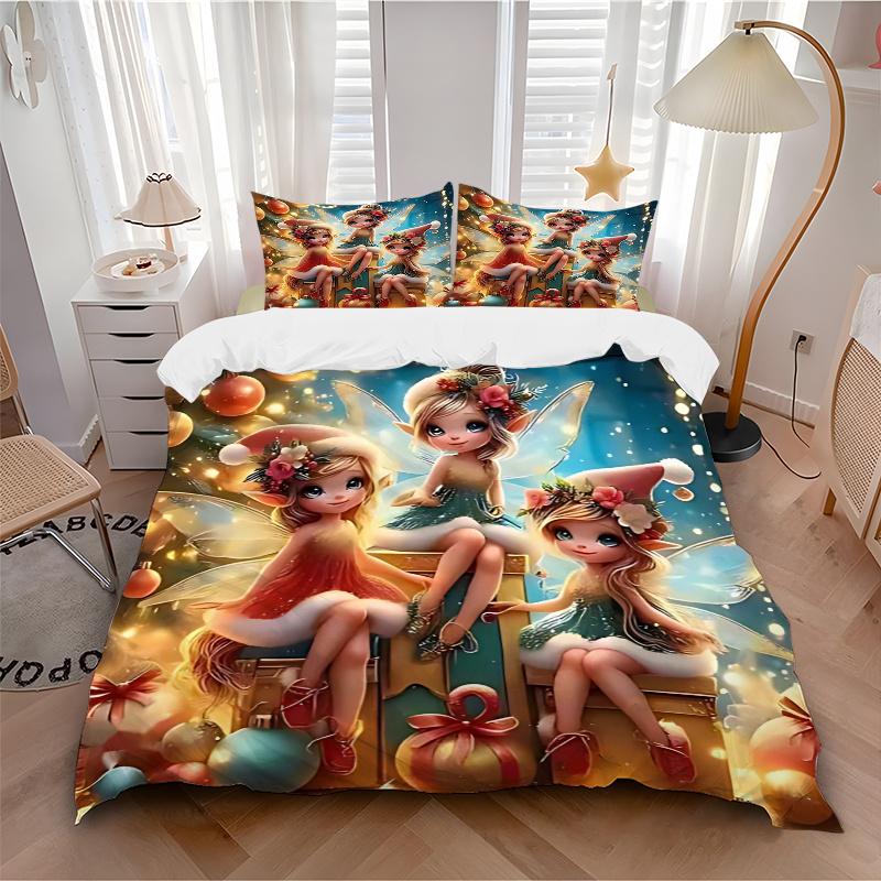 

3 шт. Рождественский сказочный фэнтезийный комплект постельного белья, включает один пододеяльник и две наволочки (Нет ядра), Праздничный декор для спальни и гостевой 135x200cm