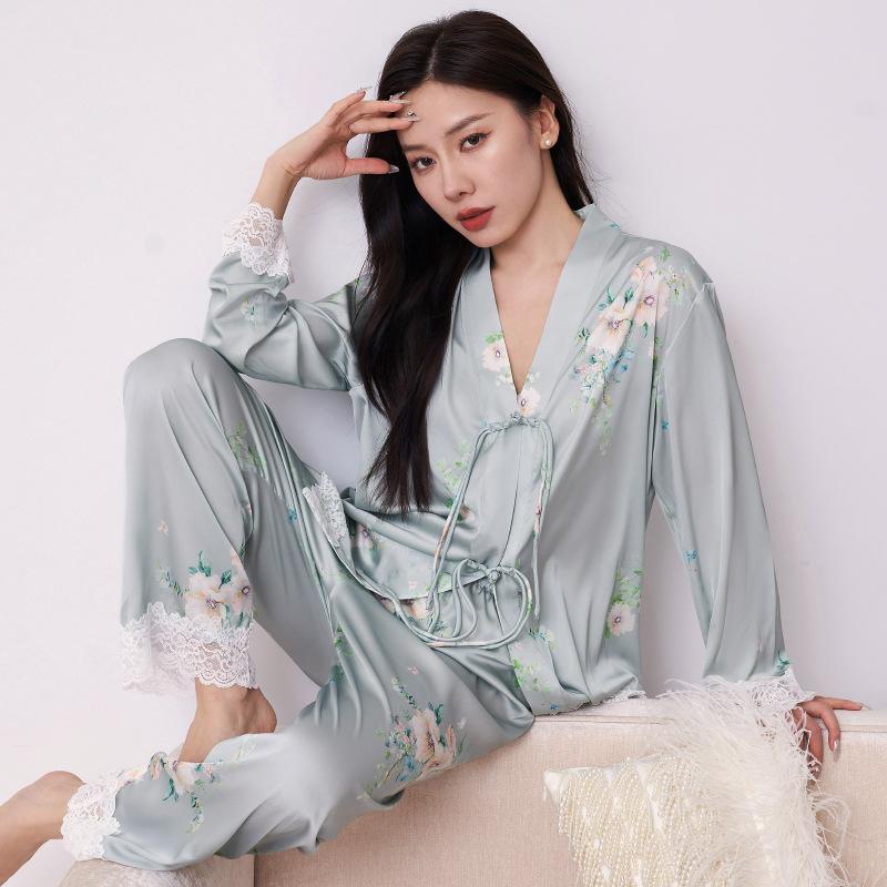 Pigiama da donna floreale in raso di seta 2 pezzi maniche lunghe e pantaloni set da casa scollo a V pigiama sexy può essere indossato all'esterno