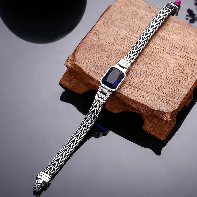 HX Silver Color Handwoven Handmade Bracelet 5MM Men's Blue Zircon Set Trendy Retro Vintage Bracelet Ins Jewelry
