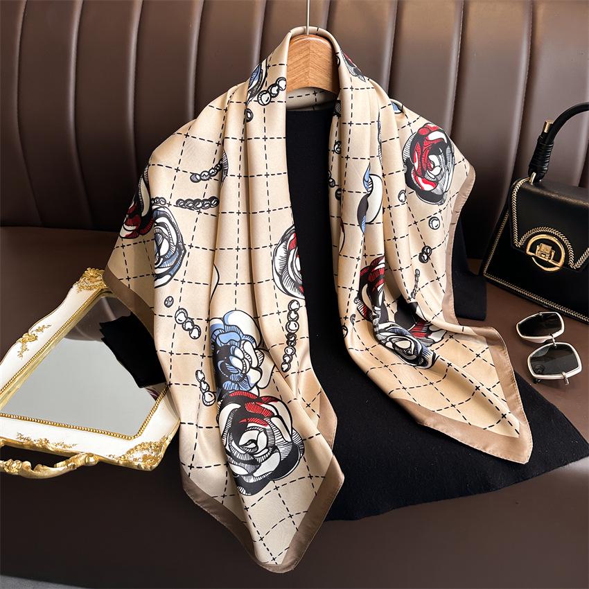 Versatile British-Style Silk Square Scarf - 90cm Solid Color Shawl & Headscarf