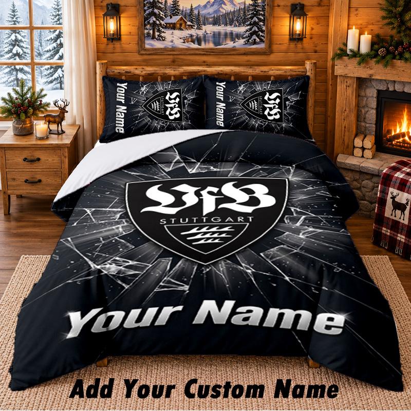 VfB Stuttgart FC Pattern Bedding 3Pcs Set Custom Name, Bed Sheet And Pillowcases For Home Bedroom