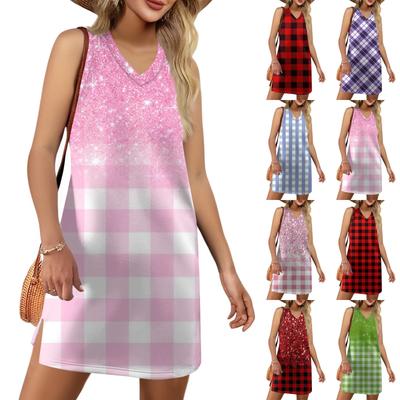 Women's V-neck Summer Casual Beach Vacation Women's Sleeveless Plaid Print Sundress