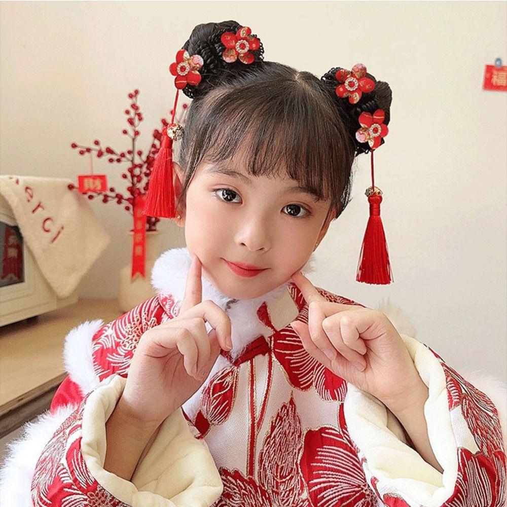 Flower Children Hanfu Hair Ring Red Chinese New Year Headwear Lovely Bow Wig Braid Hair Rope Baby