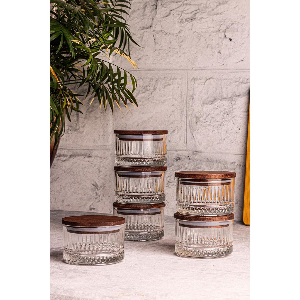 Bella 6-piece Wooden Vacuum Glass Breakfast Multi-purpose Glass Snack Bowl With Lid 235 Ml