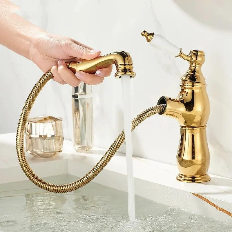 Gold Bathroom Ceramic handle Basin Faucets Pull Out Mixers Sink Faucet Washbasin Taps Water Tap Tapware Crane Brass Material